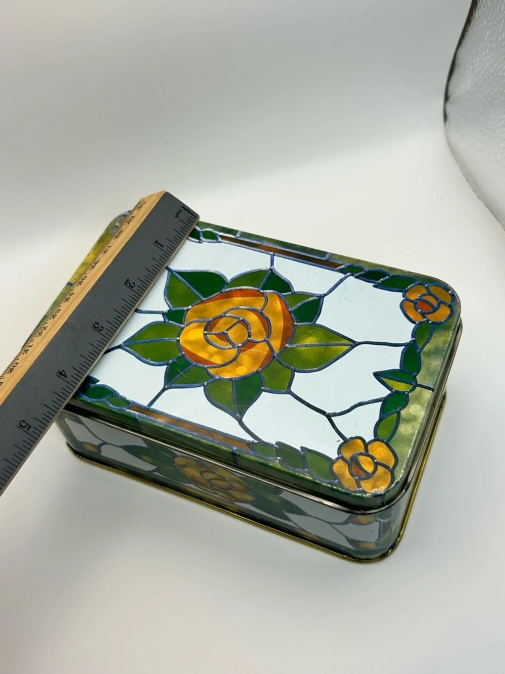 Vintage Stained glass Rose Tin Rectangular Storage Box Green White Orange Yellow